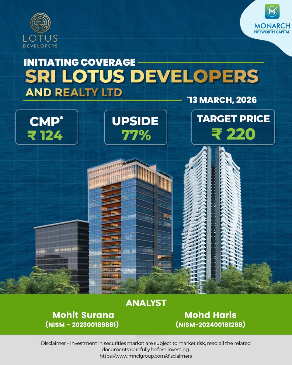 Monarch Research Initiates Coverage: Sri Lotus Developers &amp; Realty Ltd

BUY Rating | TP ₹220 | CMP ₹124

A premium redevelopment story in Mumbai’s luxury real estate market backed by strong execution and growth visibility. 

Access Report Here: zurl.co/Oqk0f