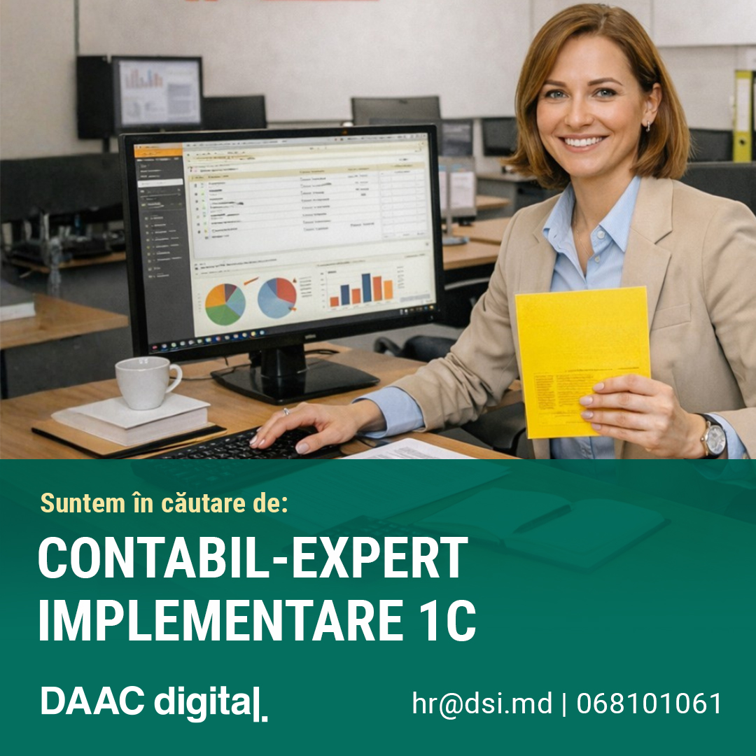 DAAC_digital's tweet photo. La DAAC digital căutăm un 𝐂𝐨𝐧𝐭𝐚𝐛𝐢𝐥-𝐞𝐱𝐩𝐞𝐫𝐭 𝐢𝐦𝐩𝐥𝐞𝐦𝐞𝐧𝐭𝐚𝐫𝐞 𝟏𝐂 
𝐃𝐞𝐭𝐚𝐥𝐢𝐢 ș𝐢 𝐚𝐩𝐥𝐢𝐜𝐚𝐫𝐞:
https://t.co/FPOxVWuOnt

#DAACdigital #Hiring #JobOpening #Contabilitate #Implementare1C #1C #AccountingJobs #ERP #Careers #Moldova https://t.co/8Lv4SJ9md2