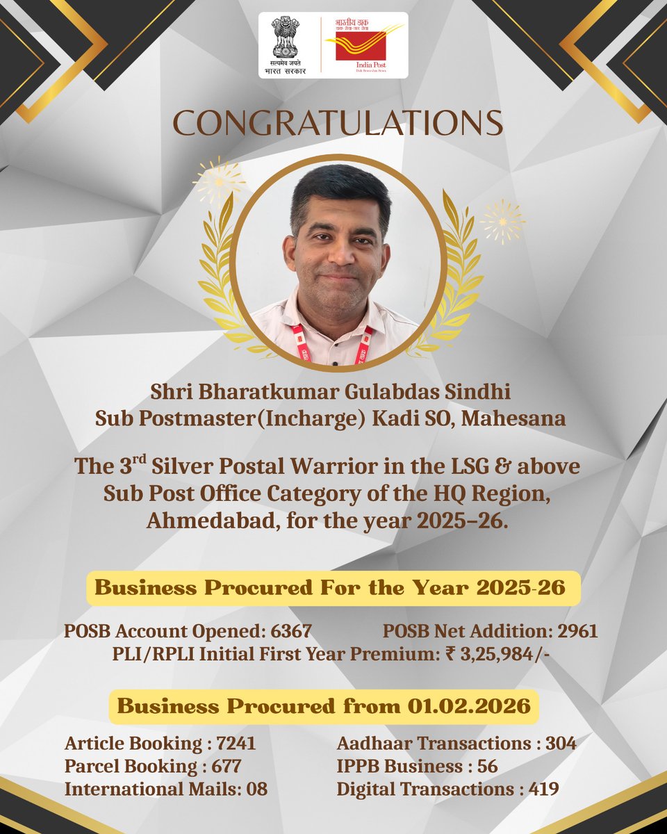 pmgnorthgujarat's tweet photo. Proud to announce that Sh. Bharatkumar G Sindhi, #SubPostmaster, #Kadi Sub #PostOffice, under #Mahesana Division has been declared 3rd Silver #Postal Warrior under North #Gujarat Region, #Ahmedabad. Heartiest congratulations #Indiapost
@JM_Scindia https://t.co/QrpHf5lq5M