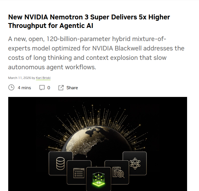 NVIDIA releases Nemotron 3 Super: 120B open model targets 1M-token agent workloads