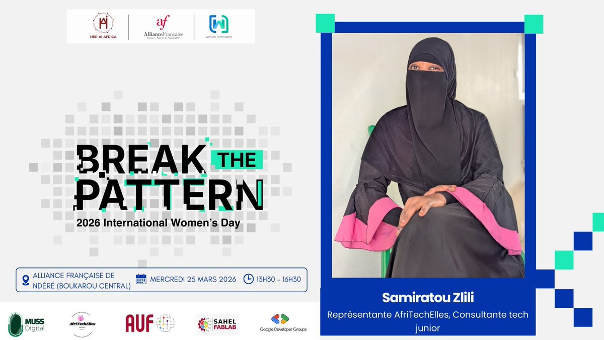 WTMndere's tweet photo. À l’occasion de la #IWD26, nous recevrons Zlili Samiratou, représentante de AfriTechElles et consultante freelance spécialisée en gestion de projets.
RDV le 25 mars prochain dès 13h30 à l'@AF_Ngaoundere. Inscris-toi ici : https://t.co/lILv6krpl0.
#BreakThePattern #WomenInTech https://t.co/ssiSZTwdHD