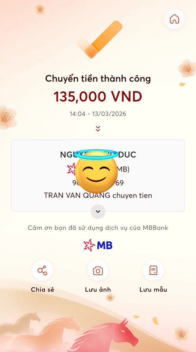 NoNtranab's tweet photo. Đã chuyển tiền thành công cho bác @Ducutd1 1 tháng tích xanh nha https://t.co/wX6HQIDUqo