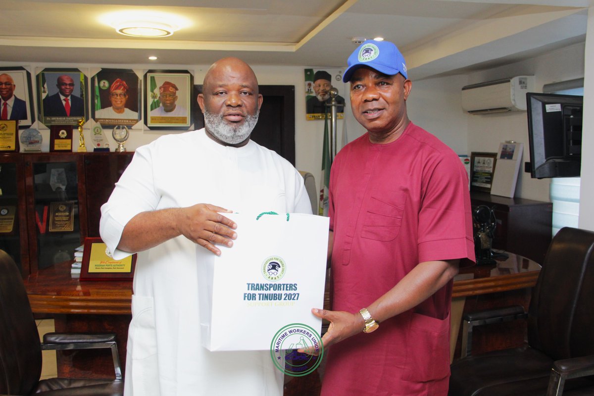 OfficialMWUN's tweet photo. PRESS RELEASE:

TRANSPORTERS FOR TINUBU 2027 VISITS MARITME WORKERS' UNION OF NIGERIA

The President -General of Maritime Workers' Union of Nigeria (MWUN) recently played host to the Executives of Transporters For the "Tinubu 2027 Political Support Group" at its headquarters, 119, Osho Drive, Olodi-Apapa, Lagos.

The Group disclosed to PG of the Union, Comrade Bunu that their visit was an initiative designed to promote structured collaboration between government, transport operators, private parastatals, and to ensure grassroots participation in enhancing government reforms aimed at improving national mobility, economic growth, and sectorial mobility; hence this visit to the Maritime Workers' Union to acquaint its leadership with the vision, structure, and programmes of the Transporters For Tinubu 2027.

The leadership of the Tinubu project further said that they recognized the Maritime Workers' Union of Nigeria as one of the Frontline labour organizations in Nigeria nay Africa and its important roles in water transportation in the country; hence, they consider the Union as an important arm that could further project the course of the Tinubu 2027 project.

The PG of MWUN, Comrade Bunu in his response thanked the Project organizers for recognizing the Union at a period like this, saying that the Union will always stand by whatever brings progress, unity and development to the country.

The Maritime Labour Activist also told his guests that the Union is not unopposed to the strategic issues that will take Nigeria to the next level but was also quick to remind the Project organizers that the Union is nonpartisan but it's committed to good governance at all times.

E-Signed,
Comrade John Kennedy Ikemefuna,
Head of Media,
MWUN