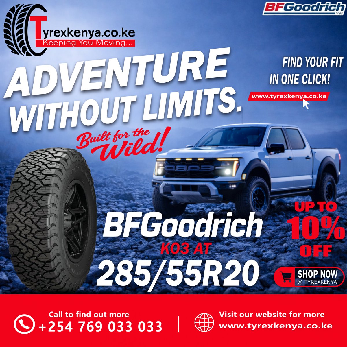 tyrexkenya's tweet photo. 🏔️ EXPLORE WITHOUT BOUNDARIES!
Push beyond the ordinary with the BF GOODRICH KO3 A/T 285/55R20 — delivering powerful traction, exceptional durability, & dependable control across every terrain.
📍 Visit TYREXKENYA today!
🌐 https://t.co/KI3HAjcMGr
#BFGoodrichKO3 #ExploreFurther https://t.co/N8RU9WuAEW