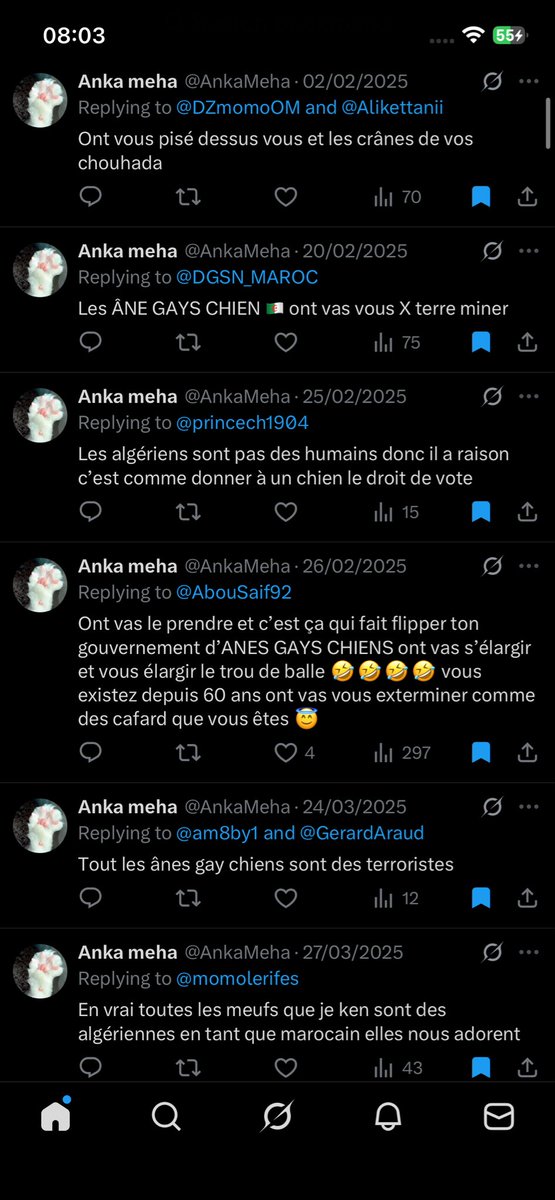 Les Algériens de partout en France faites tourner sa tête c’est un mec qui fait que insulter l’Algérie en face caméra il provoque surtout en jouant sur le fil du rasoir MAIS sur des comptes anonymes il se lâche, rt et faites tourner.  
Preuves en bas⬇️