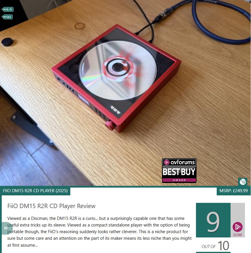 FiioWillson's tweet image. #fiio #cd #cdplayer 
恭喜FIIO DM15 R2R获得AVforum“BEST BUY”奖项！近日，海外论坛AVforum给DM15 R2R 9分的高分评价。

相关链接：avforums.com/reviews/fiio-d…