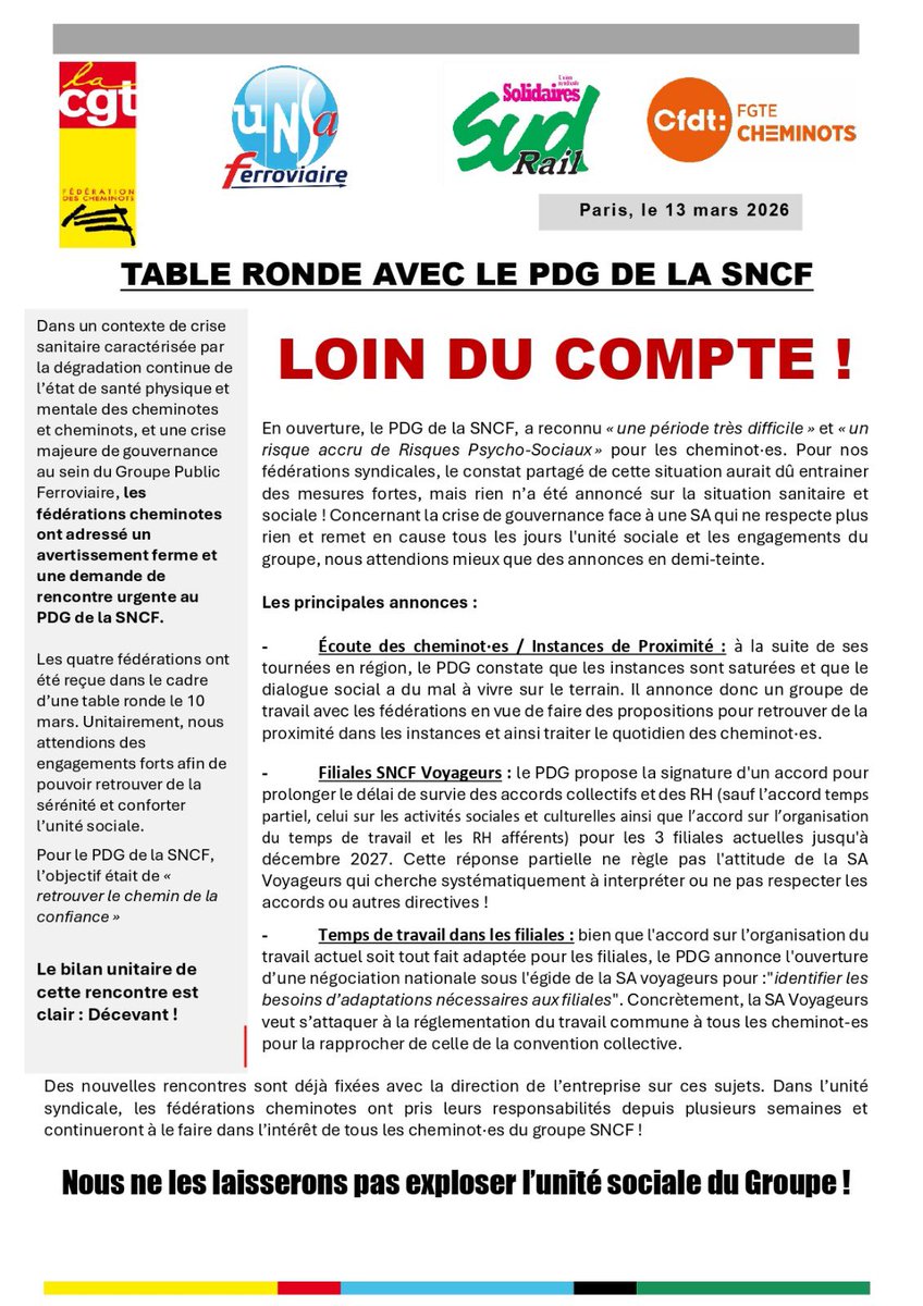 Fede_SUD_Rail's tweet image. 🟢 Les fédérations #cheminotes ont adressé un avertissement ferme et une demande de rencontre urgente au PDG de la #SNCF 🔴

🔵 Le bilan unitaire de la table ronde du 10mars avec @JeanCASTEX est DÉCEVANT ! 🟠

🔥 Nous ne laisserons pas exploser l’unité sociale du @GroupeSNCF