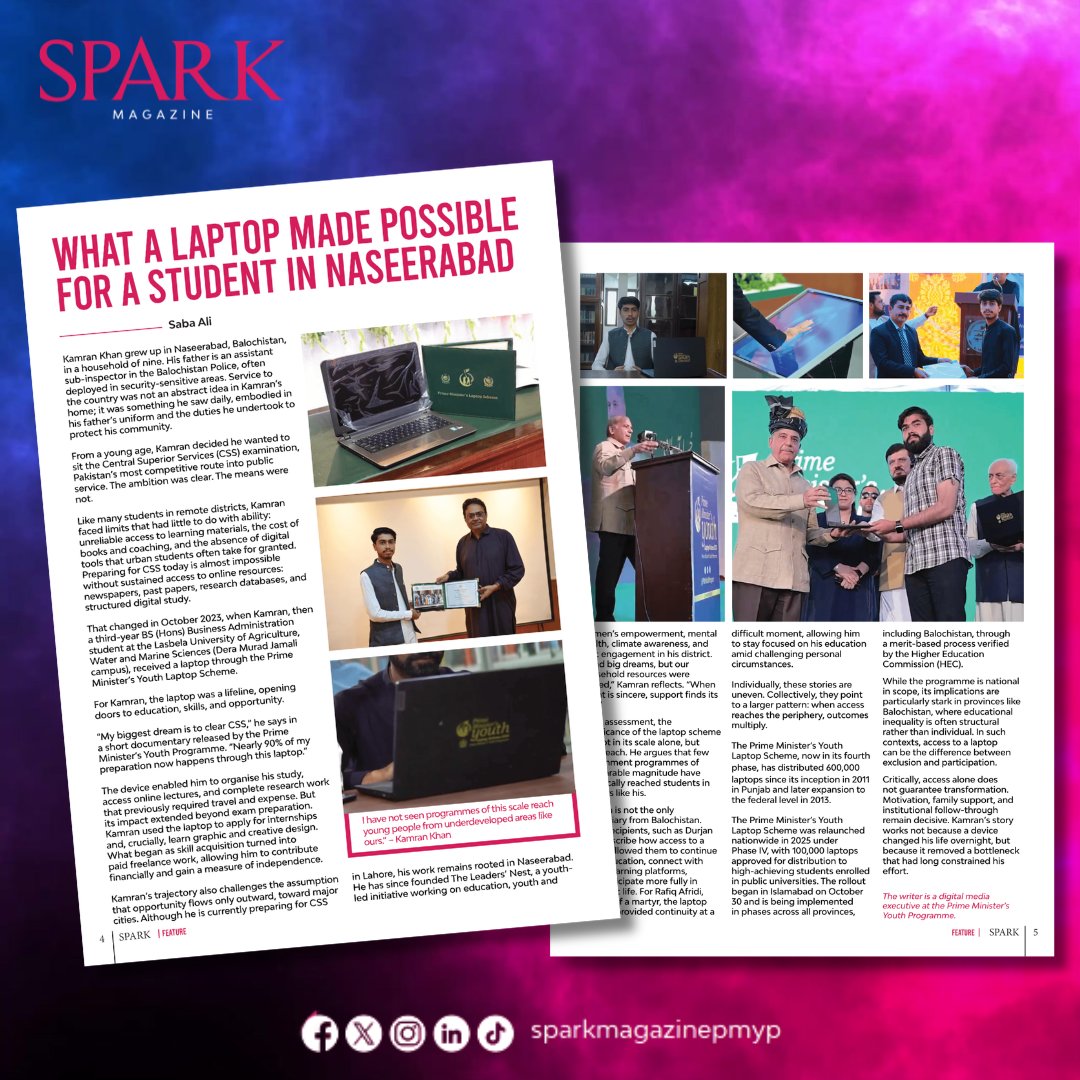 What a Laptop Made Possible for a Student in Naseerabad.

Read, share, and get inspired. ✨

A publication of the Prime Minister's Youth Programme.

Visit : pmyp.gov.pk

#SPARK #SPARKMAGAZINE #PMYP #PMsYouthProgram #YouthInnovation #YouthStories #YouthVoices