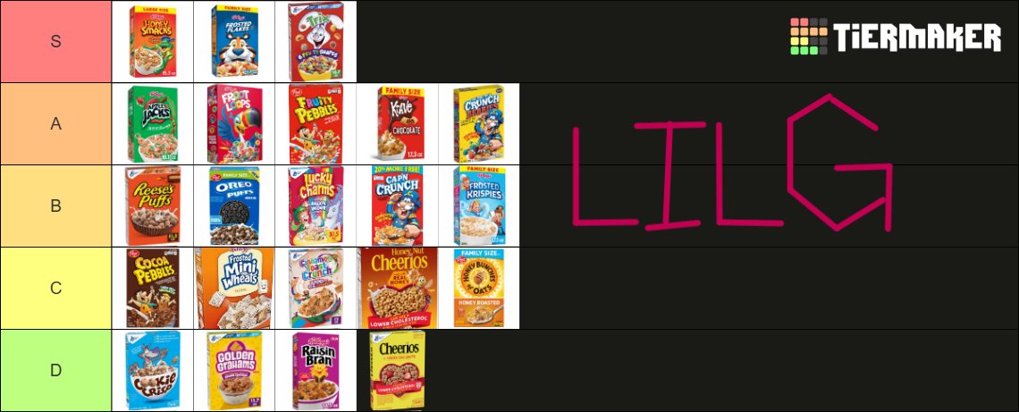 LilGie_'s tweet photo. Did a cereal tier list stream and this is what we came up with! 😆 I did actually test taste 21 boxes of cereal before I rated them myself. https://t.co/s5OdcrUztF