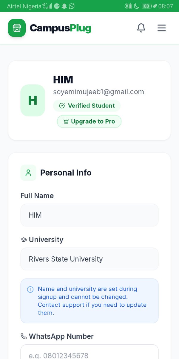 hiscode_dev's tweet photo. CampusPlug update 🎓
Payments were tricky with automatic transfers, so I changed the model.
New system:
• Free users → 3 listings
• Subscription → list unlimited items monthly
Building, testing, and adapting the product.
#BuildInPublic https://t.co/u1hiGAhJEO