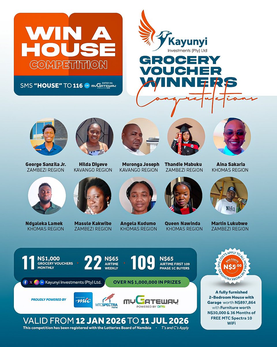 kayunyipty's tweet photo. It’s time to stock up!
This month, we’re giving away a 
N$1,000.00 grocery voucher to 
11 lucky participants! 
Simply SMS “HOUSE” to 116 to 
enter. Every SMS increases your 
chances!

Good luck! 

#WinAHome 
#KayunyiInvestments 
#GroceryVoucher 
#SMSHOUSE116 https://t.co/LRQwXbSgfO