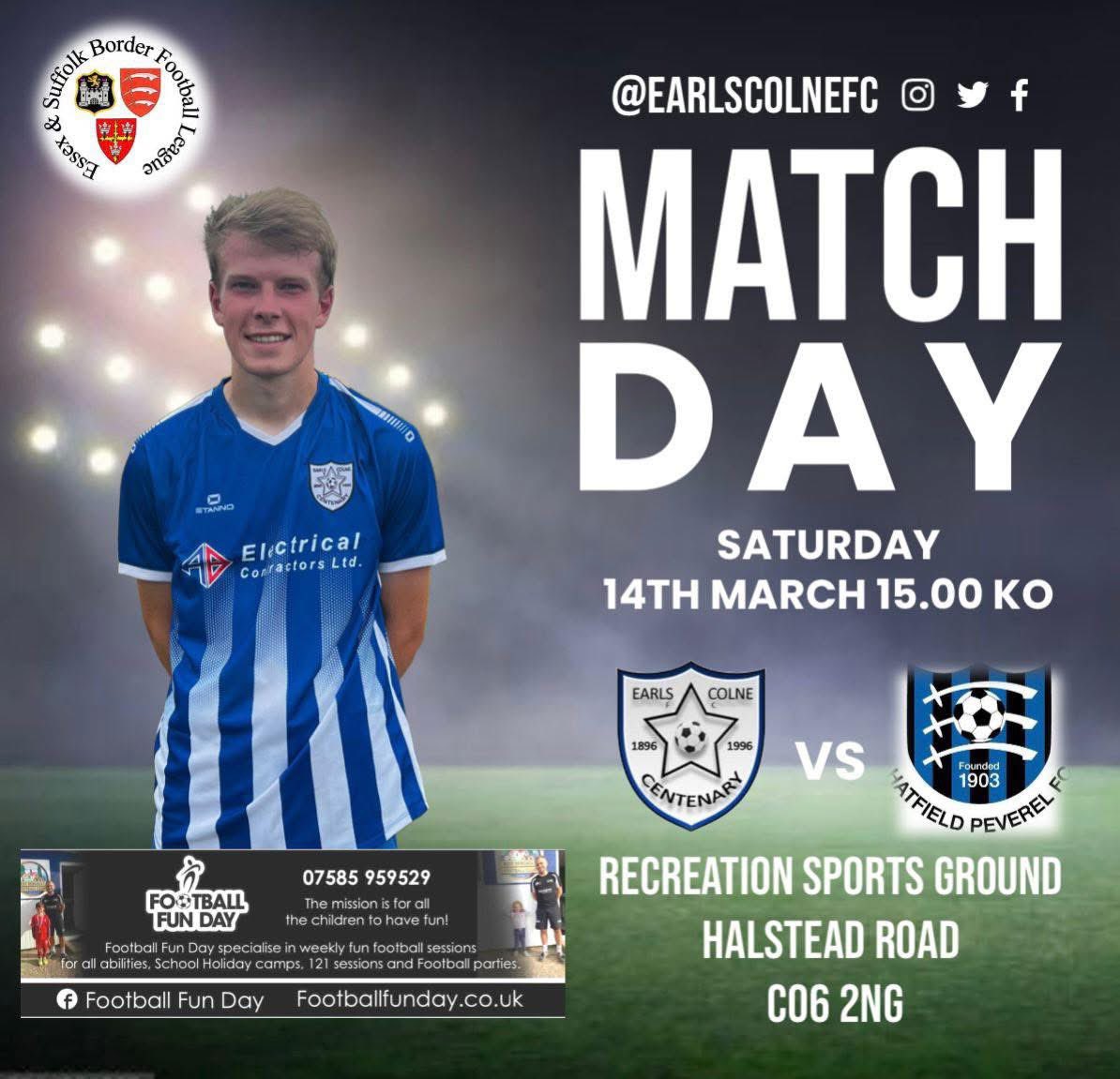 FOOTBALLFUNDAY7's tweet photo. This weekend Earls Colne Football Club Host Hatfield Peverel.
3pm kick off. 
Bar open for food and drinks.
Please go and support Will and the lads to 3 points 🔵⚪️ https://t.co/ujmXDYm7sJ