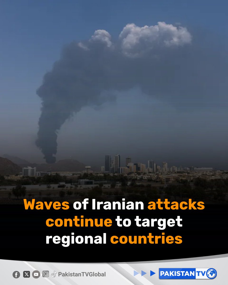 PakTVGlobal's tweet photo. Waves of Iranian drones and missiles continue to target Gulf countries and beyond, with Bahrain, Oman, Kuwait, Qatar, Saudi Arabia, and the United Arab Emirates reporting attacks.

#IranMissileAttacks #GulfTensions #MiddleEastConflict #RegionalSecurity #PakistanTV #PakistanTVGlobal