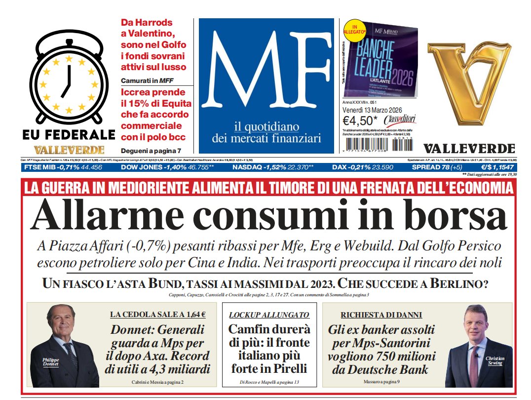 classcnbc's tweet image. La rassegna stampa di Caffè Affari - 14 marzo 

#Khamenei, resistenza e vendetta; Soldati italiani via dalla guerra; Petrolio, i proventi straordinari fruttano alla #Russia 150 milioni di dollari al giorno;  #Michelangelo Dome, uno scudo antimissile per l’Europa; Gli investitori