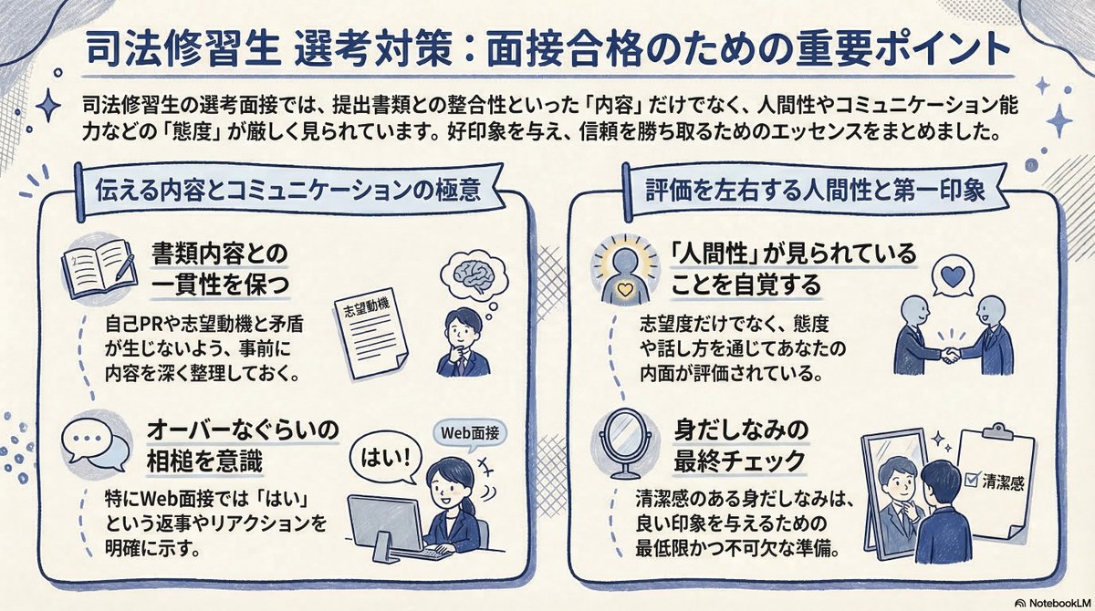 LJB_lawyer's tweet photo. ／
📣保存推奨📣
79期修習生 選考対策
面接編
＼

～面接中に注意すべきポイントは？👀～

・自己PRや志望動機で記載した内容と矛盾しない様にする
・相槌をしっかりとする（特にWEBはリアクションが伝わりにくいので、多少オーバーなくらいが丁度良い）

面接では自己PRや志望動機を深堀り、志望度を測るというだけではなく人間性の部分も見られています。
そのため好印象な態度や話し方を意識することが大事です✨
また、良い印象を与えるためには身だしなみも大切なので、面接前にはしっかりチェックしておきましょう。

司法修習生の面接対策は下記の記事でも解説しておりますので、ぜひ参考にしてください！
https://t.co/DngirNImLj