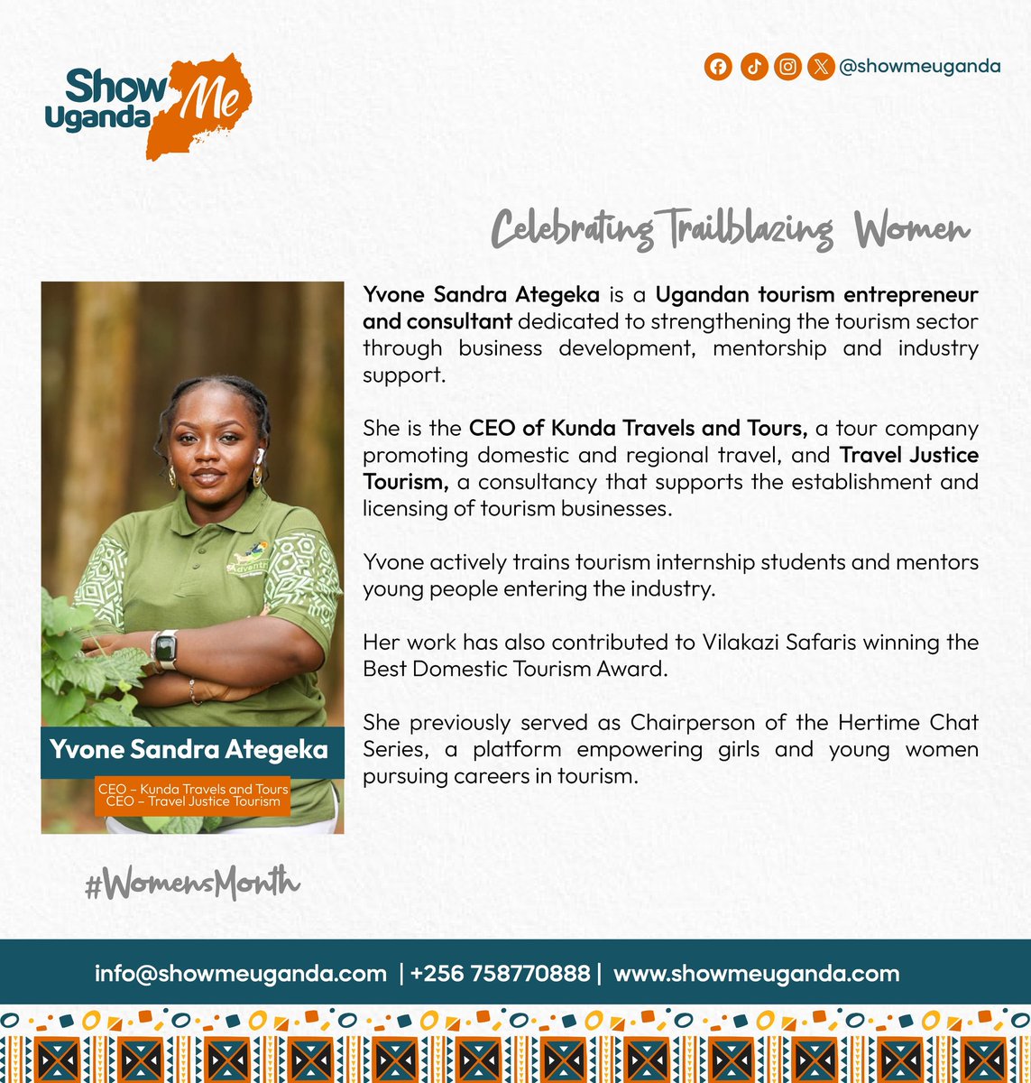 showmeuganda's tweet photo. Today, we recognize @yvonexkunda Ategeka, a passionate tourism entrepreneur &amp; consultant

As CEO @Kunda_travels,Yvone has dedicated her work to promoting domestic &amp; regional travel while also supporting the establishment &amp; licensing of tourism businesses

#ExploreUganda #ShowMe🇺🇬 https://t.co/7fM4gyygSh