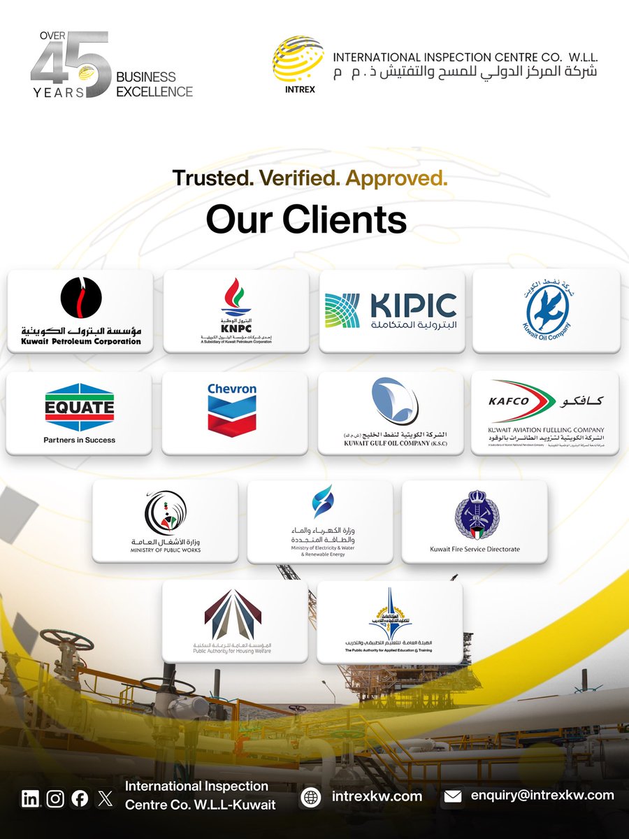 intrexkw's tweet photo. Supporting industry leaders for 45+ years with advanced inspection &amp; NDT solutions. نفخر بخدمة كبرى شركات الطاقة والبتروكيماويات. 🌐 https://t.co/nhHwQKhTP5 https://t.co/fEbgWaBpbT