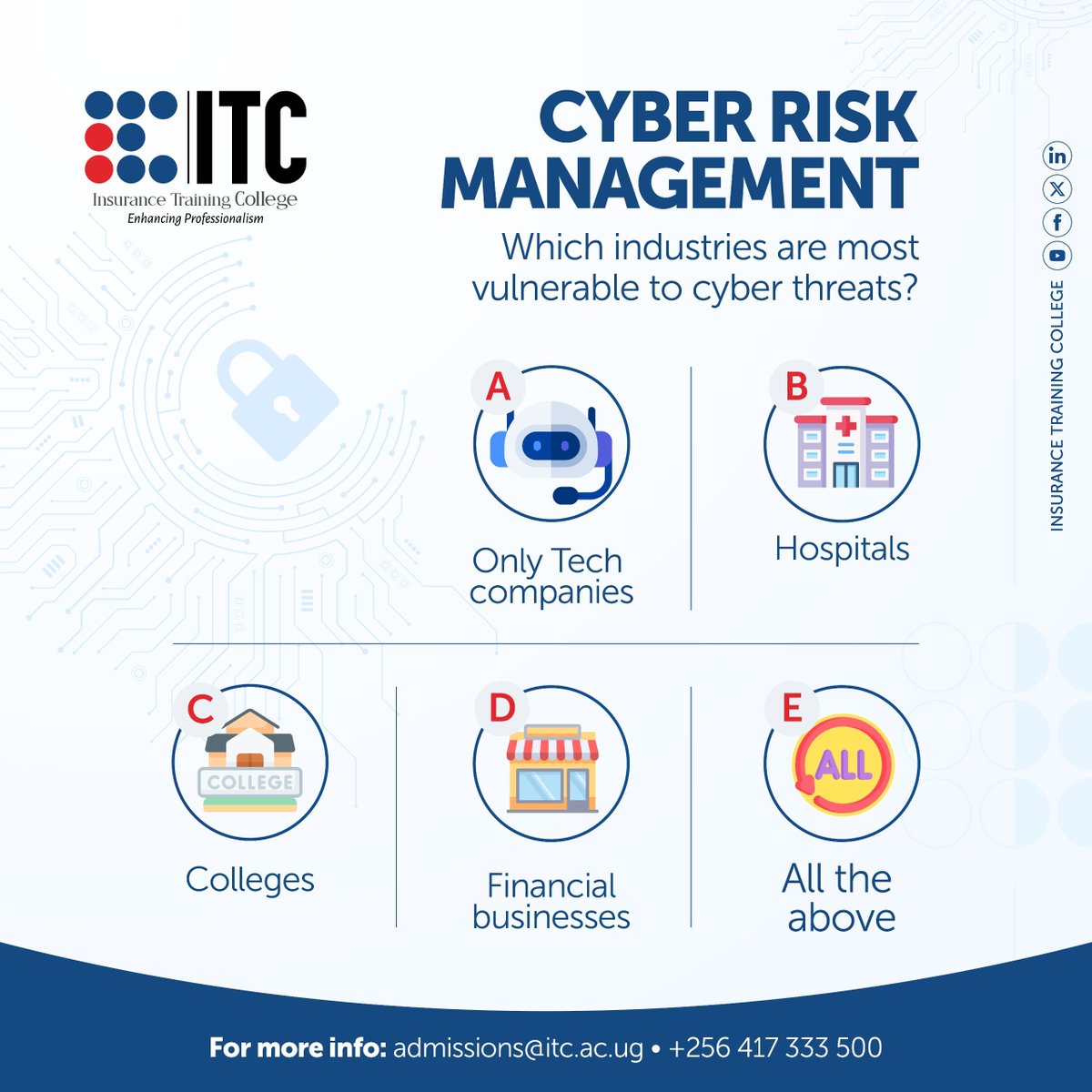 ITC_Kampala's tweet image. Which industries are most vulnerable to cyber threats? 

Hint: Any organization that handles personal data, runs online services, or depends on digital systems.
Think you know the answer? Drop your it in the comments.

#InsuranceMatters #InsuranceTips #CyberRisks
