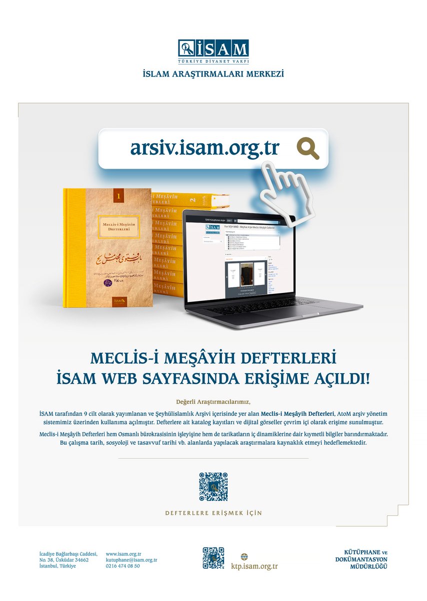 TDV_ISAM's tweet photo. İSAM tarafından 9 cilt olarak yayımlanan ve Şeyhülislamlık Arşivi içerisinde yer alan Meclis-i Meşâyih Defterleri, AtoM arşiv yönetim sistemimiz üzerinden kullanıma açılmıştır. Defterlere ait katalog kayıtları ve dijital görseller çevrim içi olarak erişime sunulmuştur.

Meclis-i Meşâyih Defterleri hem Osmanlı bürokrasisinin işleyişine hem de tarikatların iç dinamiklerine dair kıymetli bilgiler barındırmaktadır. Bu çalışma tarih, sosyoloji ve tasavvuf tarihi vb. alanlarda yapılacak araştırmalara kaynaklık etmeyi hedeflemektedir.

Defterlere aşağıdaki bağlantı üzerinden erişebilirsiniz:
https://t.co/hGkpnu67Mi