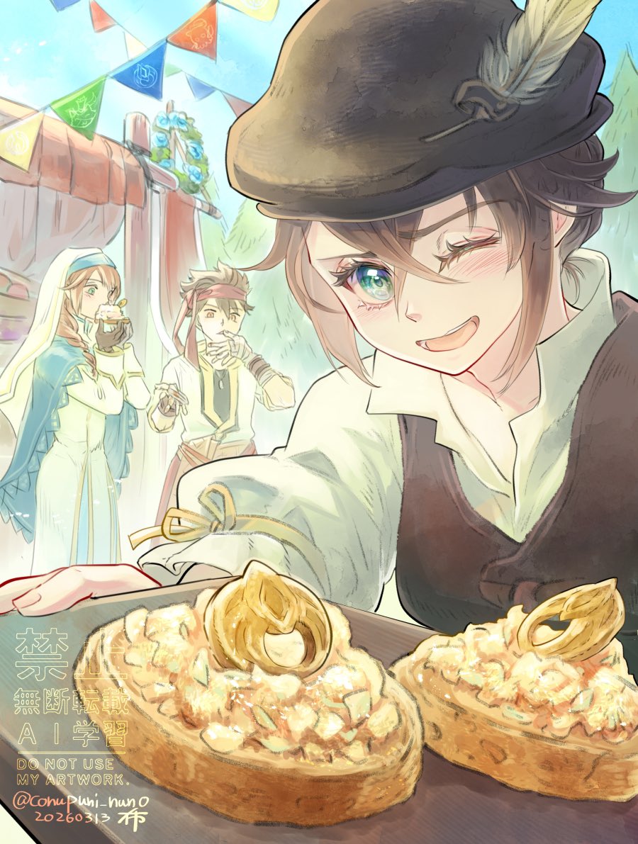 本日のお絵かき
「聖火祭の新名物！ ……だめ？」
🐙0 トレサとウィッシュベール

トレササラダに指輪クッキーを添えて🥗🍪