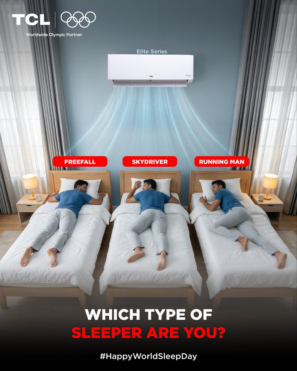 tcl_india's tweet photo. Freefall sleeper? Skydiver? Or the midnight Running Man? 😴
Everyone has a unique sleep style - which one are you?

Comment below with your sleep type and let TCL AC keep your nights perfectly cool. ❄️
Happy World Sleep Day!

#worldsleepday #TCLAC #summerready #sleeppattern #acforsummers

(World Sleep Day sleep, air conditioner for better sleep, TCL air conditioner, best AC for bedroom cooling)