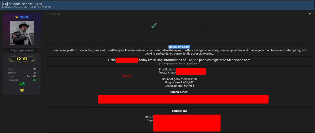 🚨🔴🇫🇷 Hier, une plateforme de consultation en ligne, Medoucine était piratée... les infos personnelles de 813 000 personnes exposées...

Aujourd'hui, c'est une autre plateforme, Thérapeutes, qui est piratée... environ 200 000 enregistrements concernant 71 000 patients...
On