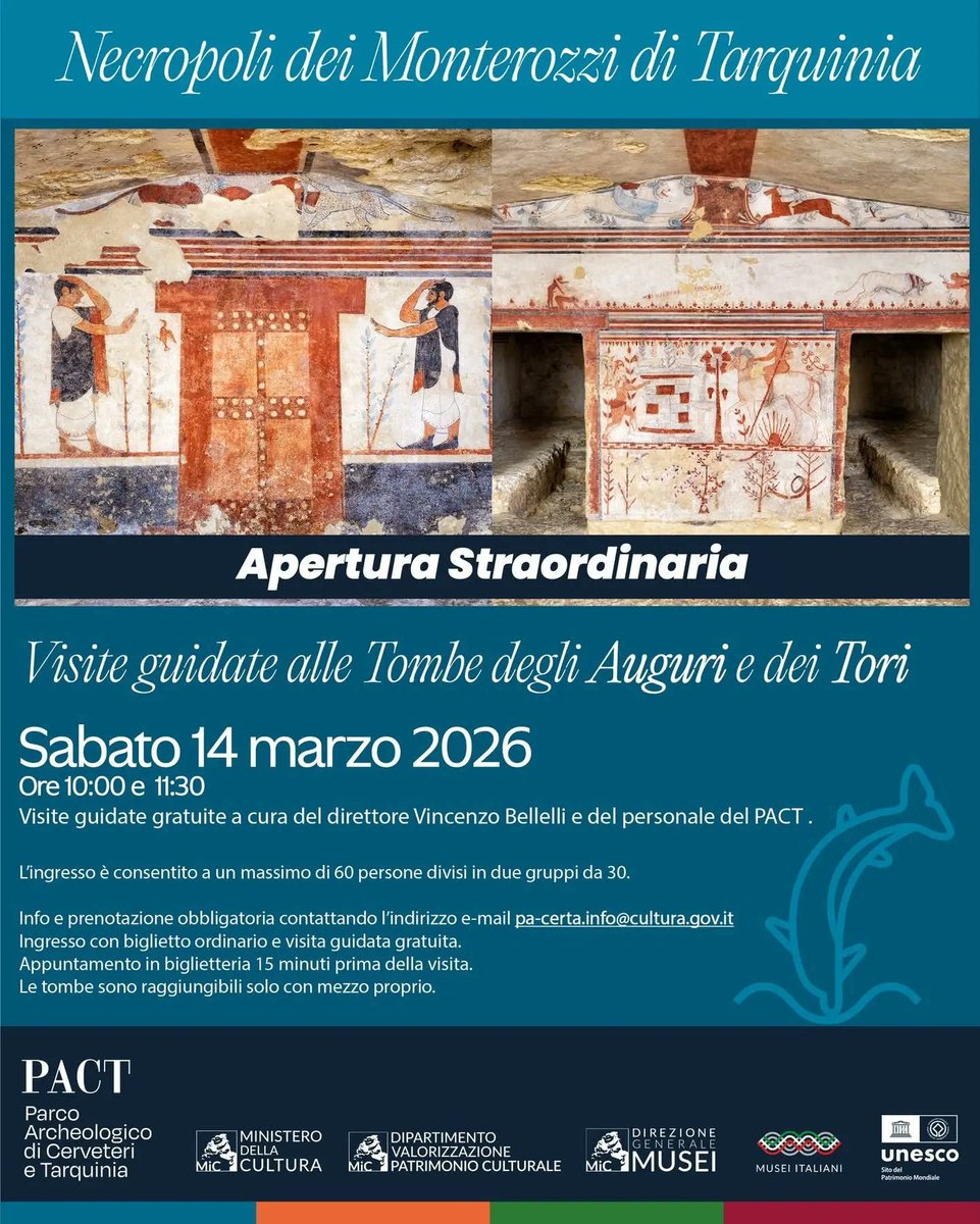 Sabato 14 marzo apertura straordinaria a Tarquinia.
Visite guidate gratuite comprese nel biglietto d’entrata per ammirare i dipinti di 2 tombe famosissime: la tomba dei Tori e la tomba degli Auguri.
“numero chiuso” e prenotazione on-line.
sguardoadest.it/new_blog/tarqu…