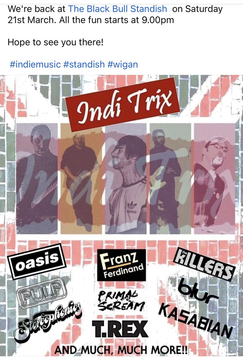 Indi_Trix's tweet photo. We're back at The Black Bull Standish  on Saturday 21st March. All the fun starts at 9.00pm

Hope to see you there!

 #indiemusic #standish #wigan https://t.co/jpUDa8Hy7c