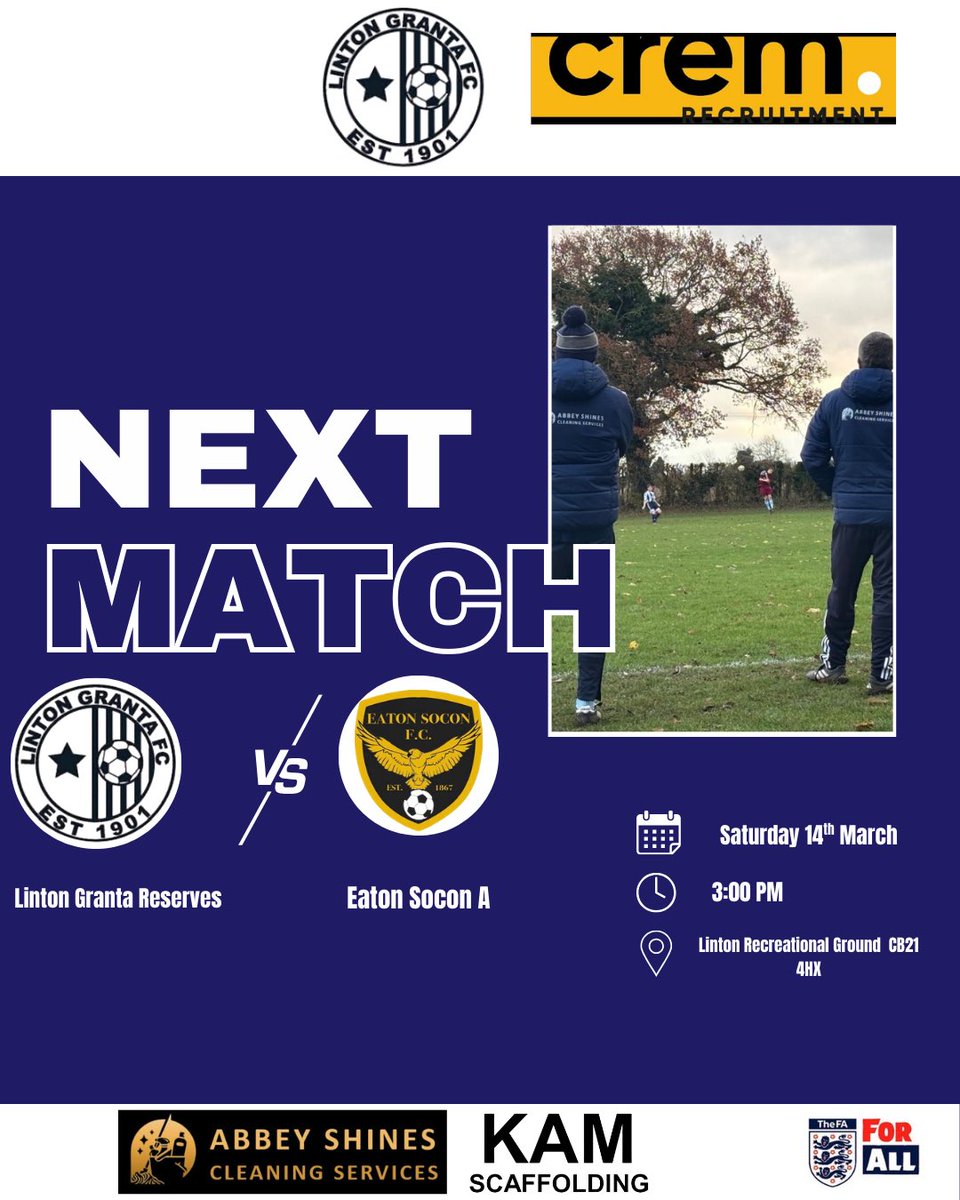 TheLintonGranta's tweet photo. The Reserves are back at home this Saturday when we welcome Eaton Socon. Bar and tea bar open .🔵⚪️
📍Linton Recreational Ground CB21 4HX
📆Saturday 14th March
🕥 3:00 Kick off
@AbbeyShinesCS 
@CremRecruitment 
@kamscaffolding https://t.co/bi8nYdjcaq