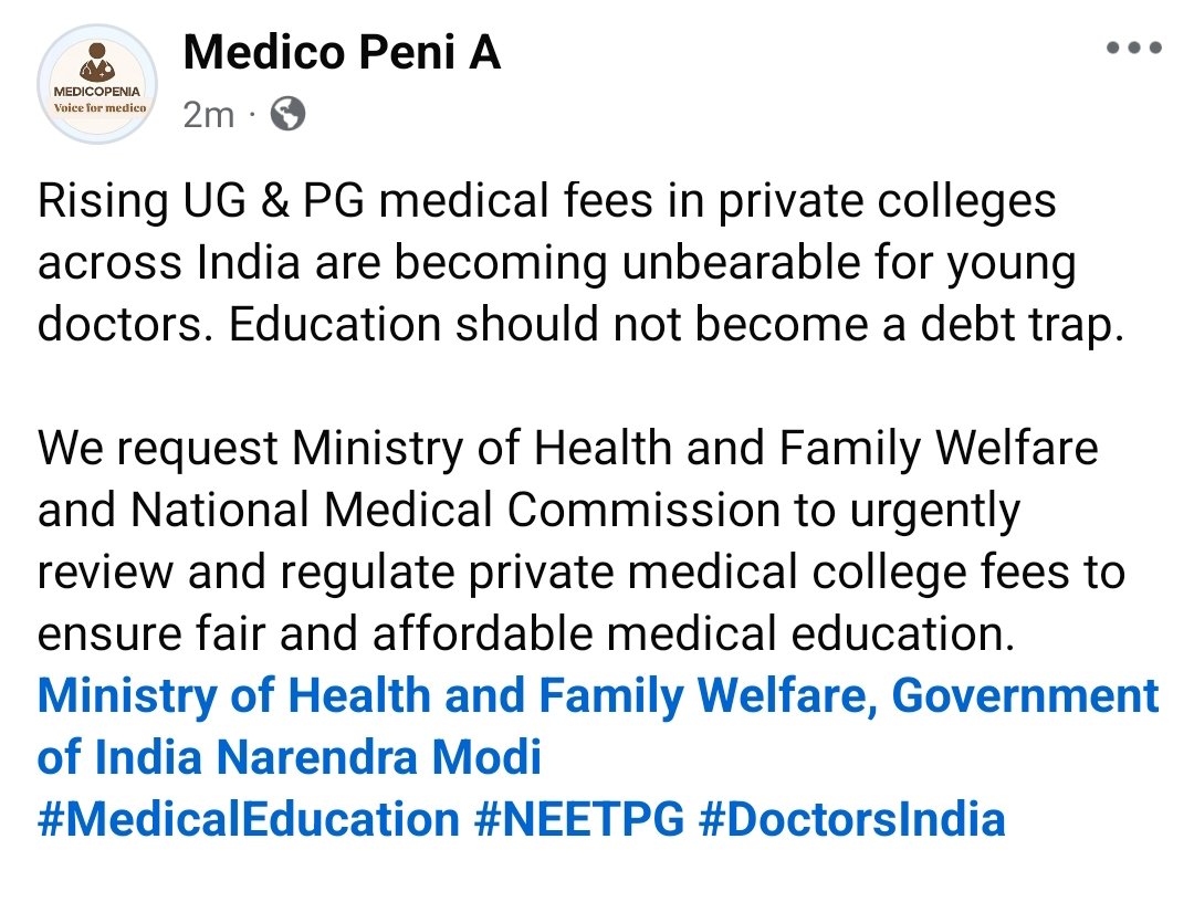 medicopenia_155's tweet photo. Rising UG&amp;PG medical fees in private colleges across India are becoming unbearable for young doctors. Education should not become a debt trap.
We request
@MoHFW_INDIA @NMC_BHARAT to urgently review and regulate private medical college fees to ensure fair and affordable medical ed https://t.co/OMBsTUibYl