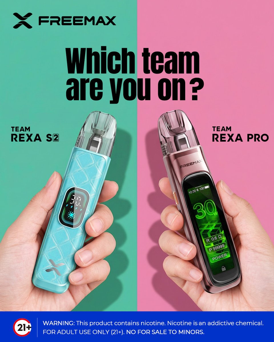 Freemaxvape's tweet photo. Which team are you on? 👀
💚 Team REXA S2 — Smooth, precise, versatile
💗 Team REXA PRO — Smart, powerful, premium
Drop your pick below ⬇️
.
.
.
.
.
⚠️ Warning: This product contains nicotine. Nicotine is an addictive chemical.
🔞 Must be 21+.
-
#FREEMAX #REXA #VapeTech https://t.co/iPiN3azFDX