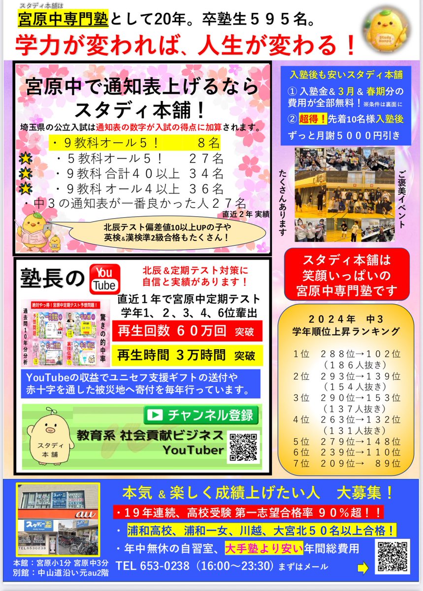 studyhonpo's tweet photo. 宮原中の学年末テストで、また学年1位がスタディ本舗から出ました(^^)

努力してる人が結果を出してくれるのは嬉しい☺️

これからも「全員自己ベスト」を目指して子どもたちと一緒に頑張ります！

#スタディ本舗
 #新入塾生受付中
#まずは春休みの終わりまで仮入塾 https://t.co/YjzmDTaJry