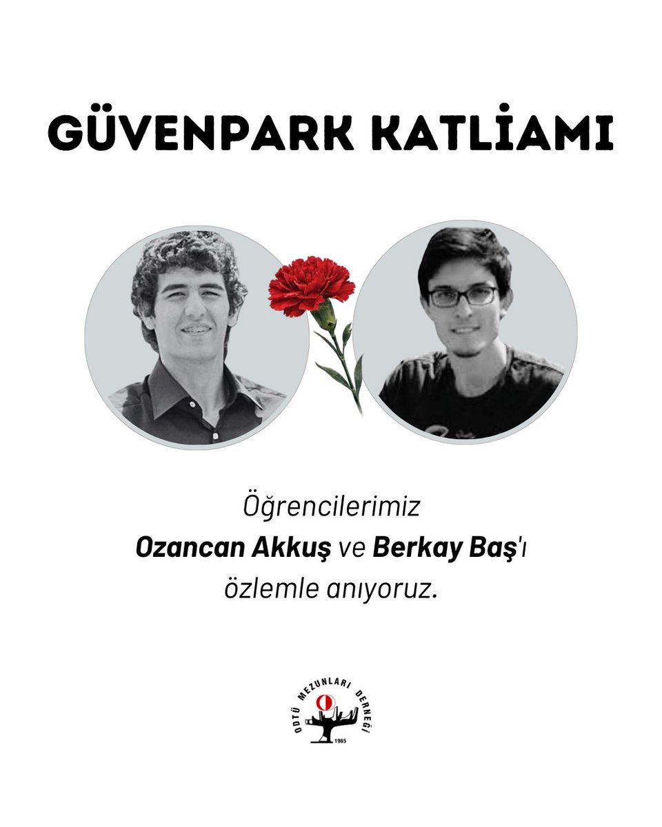odtu_md's tweet photo. Ankara Güvenpark’ta yaşanan saldırı sonucunda kaybettiğimiz öğrencilerimiz Ozancan Akkuş ve Berkay Baş'ı özlemle anıyoruz.
#13mart2016 #ozancanakkuş #berkaybaş https://t.co/6lF6vNCsuv