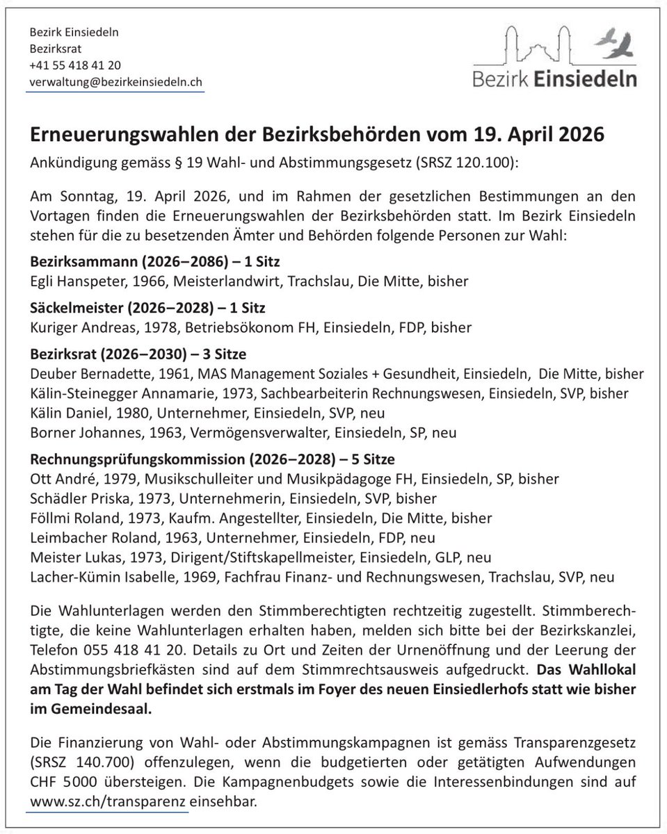 Erneuerung der Bezirksbehörden #Einsiedeln vom 19. April 2026.
#Wahlen #Bezirksrat #RPK - die #Wahlvorschläge bzw. Kandidaten der Parteien: