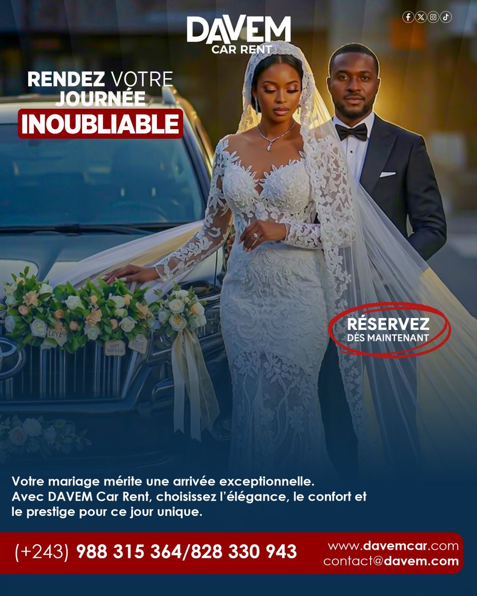 Davem_car's tweet image. Le jour de votre mariage mérite une arrivée à la hauteur de l’événement.
Avec DAVEM Car Rent, choisissez un véhicule élégant pour accompagner l’un des plus beaux moments de votre vie. 

#DavemCar #LocationDeVoiture #Confort #Sécurité #Ponctualité #Kinshasa #Mariage #Event