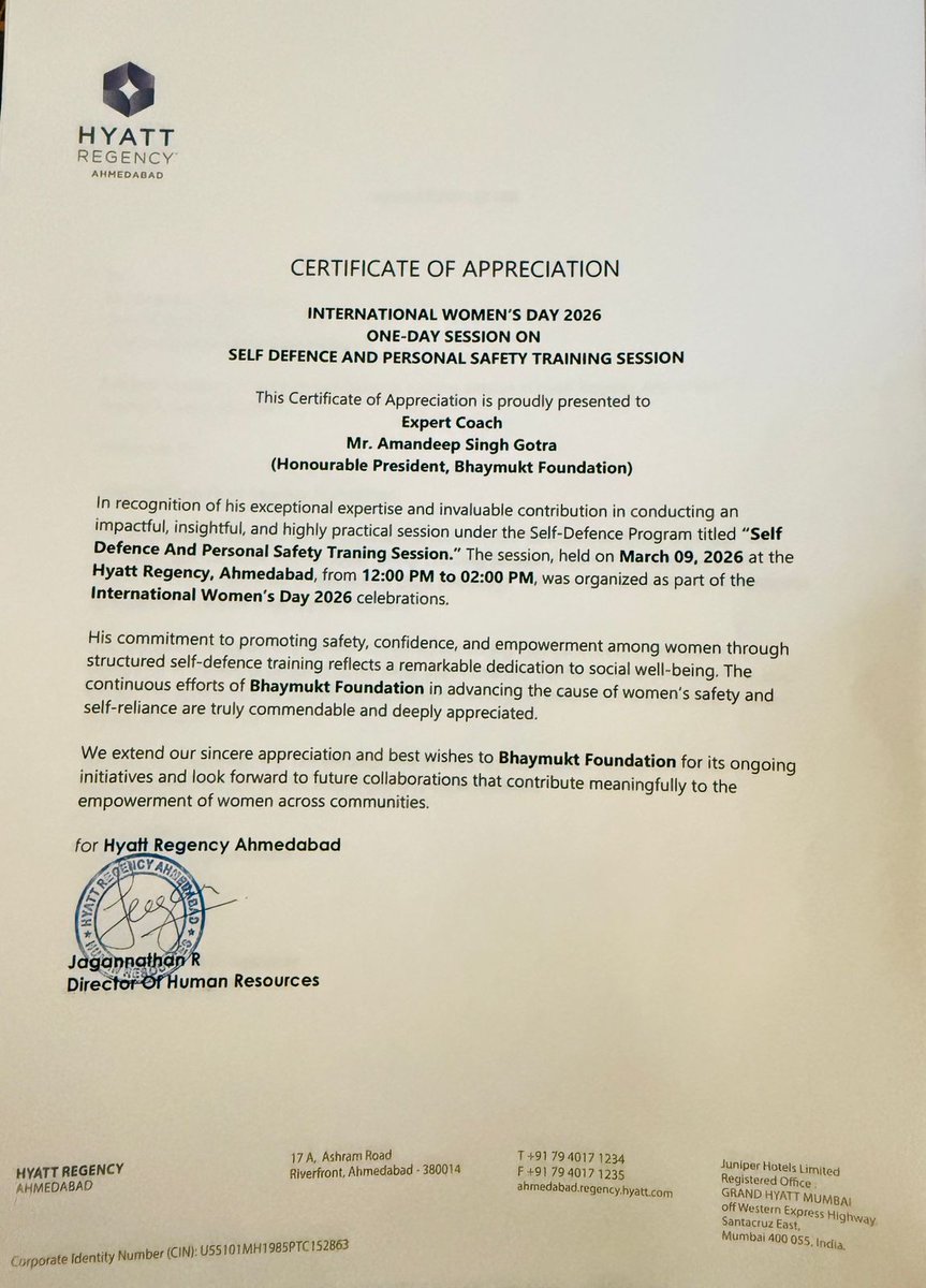 🌟 BHAYMUKT HONORED! 🌟

<a href="/hyattregency/">Hyatt Regency</a> Ahmedabad awarded us for rocking a  Self-Defence session on Women's Day 2026!

Darr Nahin, Taiyari! 💪

Women empowered = Fear defeated.

Tag a queen who needs this power! 🇮🇳🇮🇳

#BhayMukt #WomensSafety #BeBhayMukt #SelfDefence #IWD2026