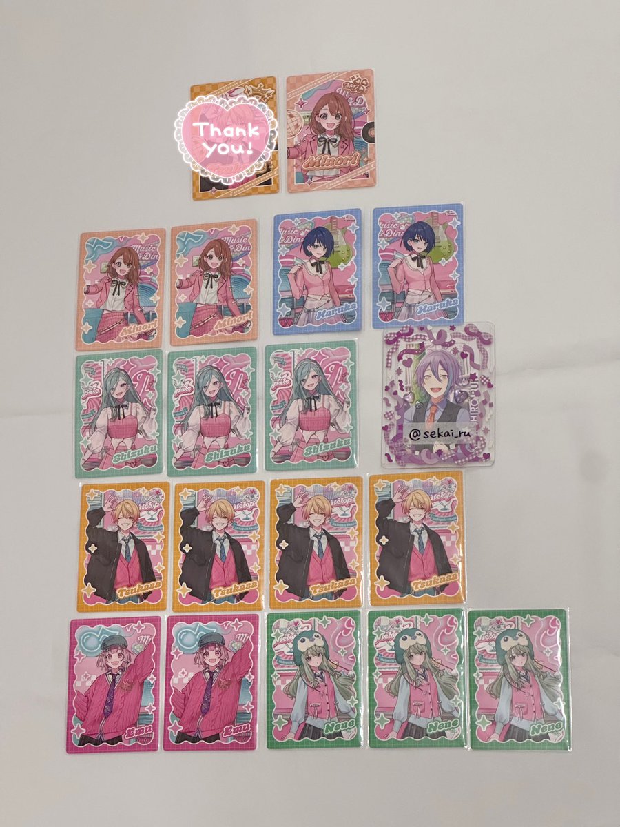sekai_ru's tweet photo. 【交換】プロセカ メロパレ トレカ トレーディングカード SNS風クリアカード ホログラムステッカー レア

譲：みのり 遥 雫 司 えむ 寧々 リン 咲希 彰人 バチャシン レオニ ビビバス ニーゴ

求：愛莉 類 モモジャン ワンダショ

郵送での交換
レア⇔レア での交換
トレカ司は類との交換優先 https://t.co/YBMRdUohf8