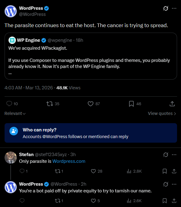 dumitru's tweet photo. It is crazy to see how petty and unprofessional @automattic (@wordpress) is. Truly disgusting. Blocking comments is the cherry on top. #wordpress https://t.co/pamEqZlCNG