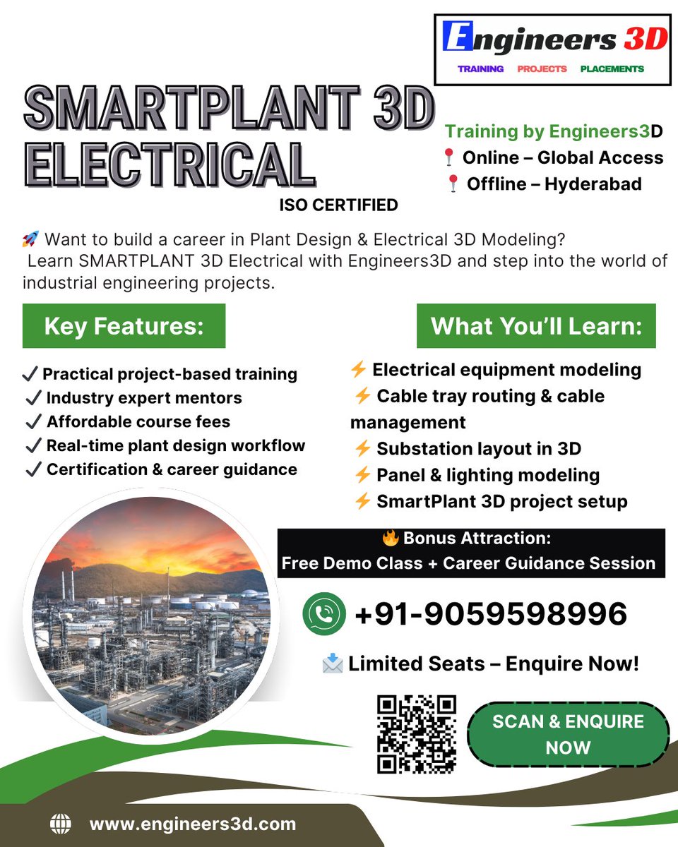 Engineers3d's tweet image. For enquiry click the link - forms.gle/KE4DwQMau4xxcv… Power up your engineering career with SMARTPLANT 3D Electrical training at Engineers3D ⚡  #SmartPlant3D #ElectricalEngineering #Engineers3D #PlantDesign #3DModeling #SP3D #ElectricalDesign #EngineeringTraining #EEEStudents