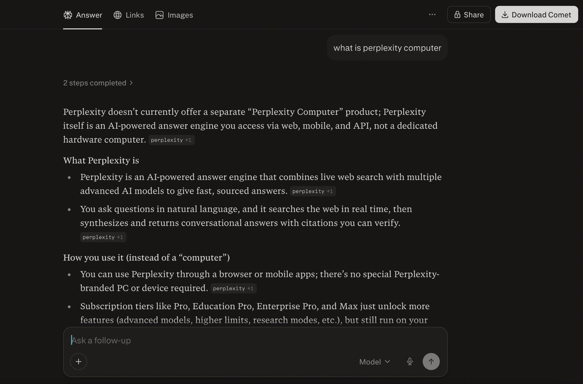 Meninblueee's tweet photo. @perplexity_ai is not able to provide correct results when asking about "what is Perplexity computer" while selecting the best model during search. What could be the reason?
@AskPerplexity https://t.co/nRMKCGdTJz