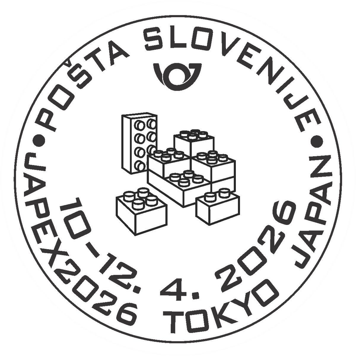 stampmarket's tweet photo. STAMP-SHOW2026　ワールドポストオフィス消印紹介③

スロベニア🇸🇮郵政のテーマは「玩具」。2025年に発行された玩具切手にマッチする組立玩具がデザインされています。こちらは3日間通し印です。 https://t.co/eFaYSuVmHW