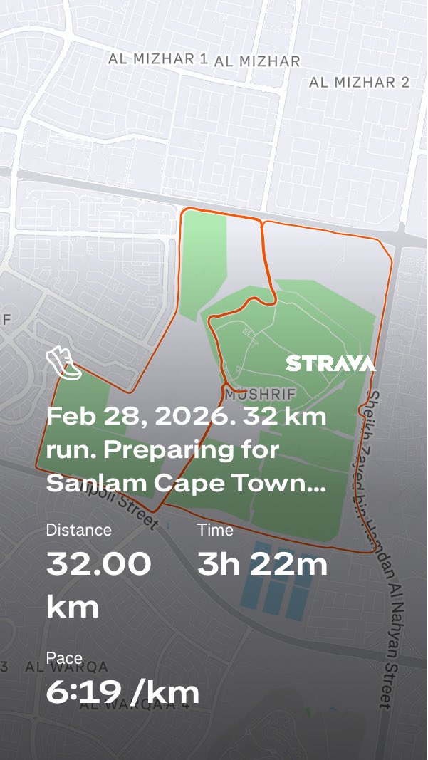 beshtawy's tweet photo. Feb 28, 2026. 32 km run. Preparing for Sanlam Cape Town Marathon, May 24, 2026. Dubai, UAE 🇦🇪 #UAE #Dubai #running #Asics #Metaspeed_Sky_Tokyo @googlephotos @yahoophotos #garminラン Check out my run on Strava.
https://t.co/a9AQxxqF8a https://t.co/VQClZ5Nx1e