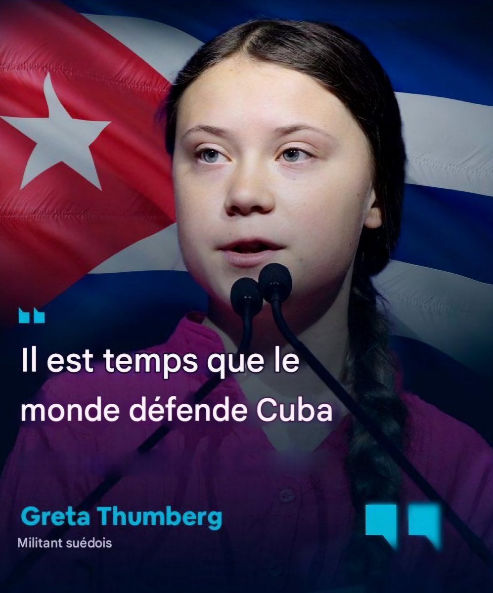 Greta Thunberg : « Cuba 🇨🇺 a défendu le monde à maintes reprises, et il est temps maintenant pour le monde de défendre #Cuba »

Cuba OUI, blocus non !

 #HandsOffCuba #TumbaElBloqueo