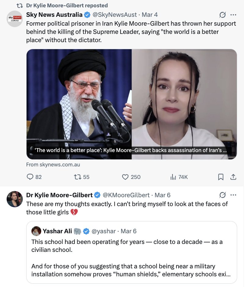 AssataSentMe's tweet photo. White Feminist final boss: Cheering the assassination of Khamenei while shedding crocodile tears for dead Iranian schoolgirls. It's the same bombs you psychopath https://t.co/dDhqU1u95j