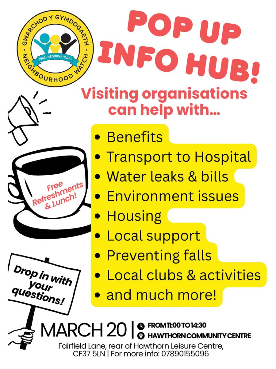 ACMorgannwg's tweet image. We’re looking forward to having a stand next week at Hawthorn Community Centre for this pop-up event.
A range of organisations will be attending, offering help and advice on benefit entitlements, housing, fall prevention and more.
#pontypridd #advice #support