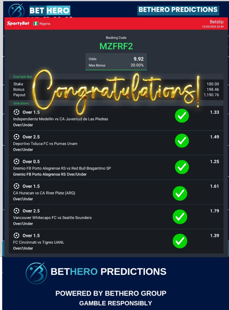 BetHero_daily's tweet photo. Congratulations ✅️ ✅️✅️✅️✅️✅️✅️✅️
Another 10 odds won. ✅️✅️
Congratulations ✅️ https://t.co/7C2eKudp7G