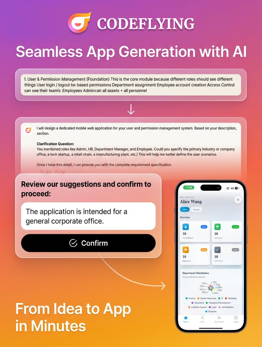 CodeFlyingAI's tweet photo. ChatGPT helps you shape ideas.
CodeFlying brings them to life. 🚀

Describe what you want → get a real web app with users, permissions, asset tracking, and real‑time sync. No code, just results.

Try it now: https://t.co/yZyHDbp9up

#codeflying #AI #NoCode #Webapp https://t.co/eHdOrof47Q