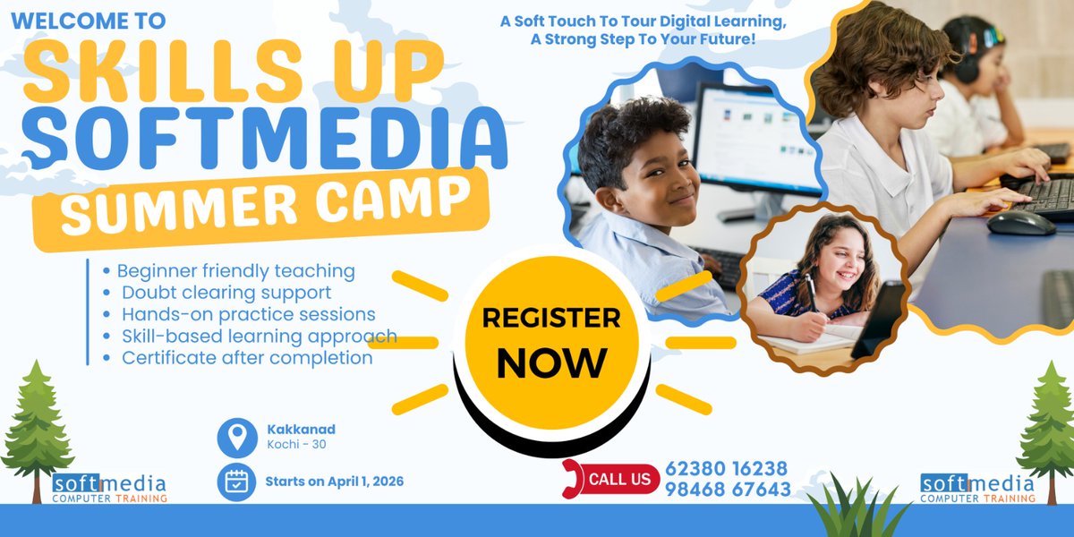 SoftmediaT's tweet photo. *Skills up Softmedia  Summer Camp – 60 Days*
A Soft Touch To Tour Digital Learning, A Strong Step To Your Future!
Learn • Practice • Create • Build Confidence
📞 Contact :  https://t.co/f8USTPfwxD 
📍Location :  https://t.co/HkOrNYCZwS https://t.co/7xpYpXupy7