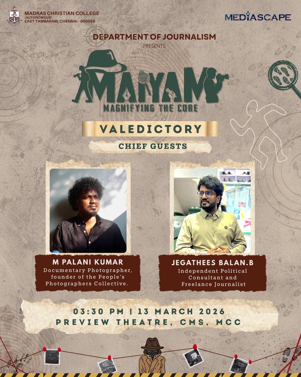 JournalismMcc's tweet photo. We are delighted to welcome Mr. M. Palani Kumar and Mr. Jegathees Balan B as the chief guests for the valedictory of the competitions on Day 3 of Maiyam. We look forward to having them with us as we conclude the events and celebrate the participants. https://t.co/AjJ4wjBIoA