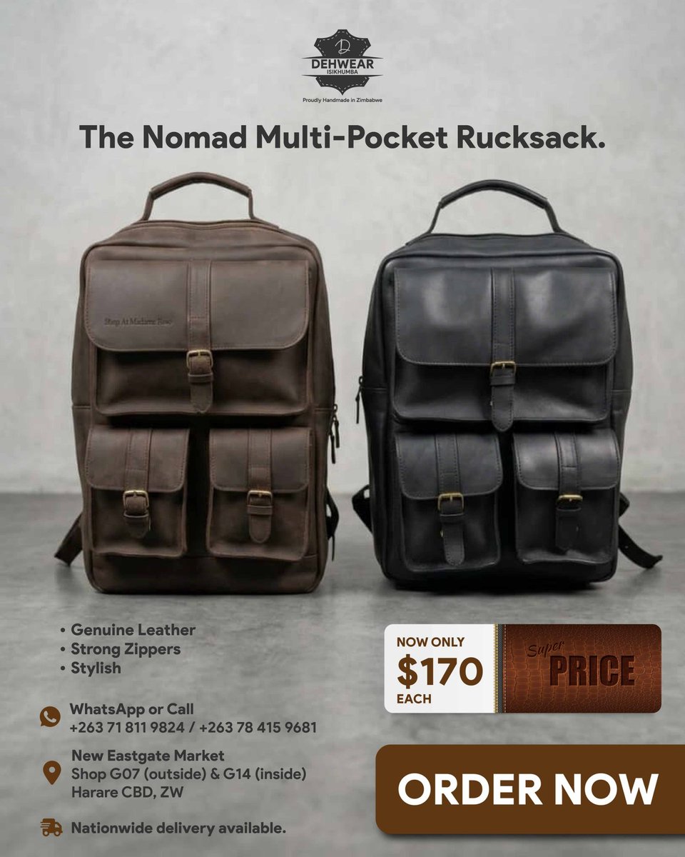 MJMleatherware's tweet photo. The Nomad Multi-Pocket Rucksack.
$170
WhatsApp: https://t.co/hu8914r3ed
#Dehwear #Isikhumba #HandmadeInZW https://t.co/VEqStS93dE